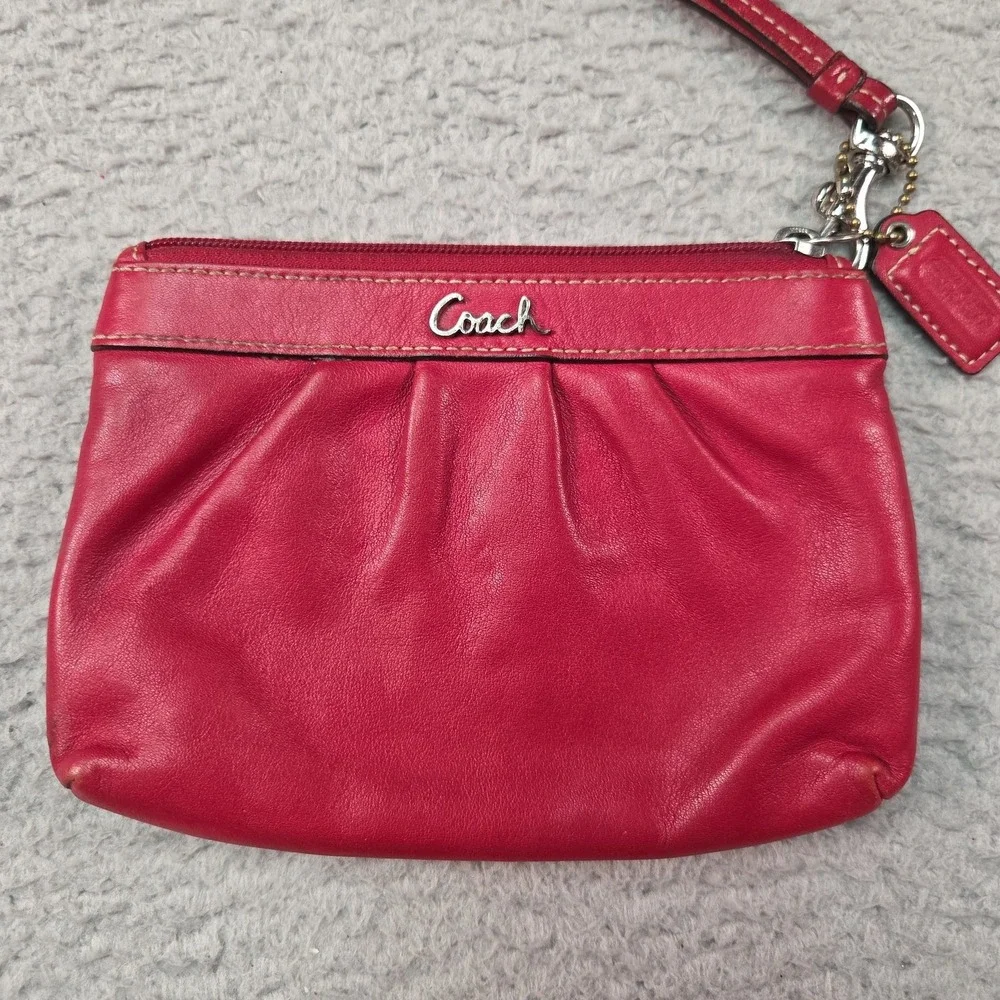 Coach Wristlet Womens Small Red Leather Wrist Strap Zipper Closure Logo Hardware